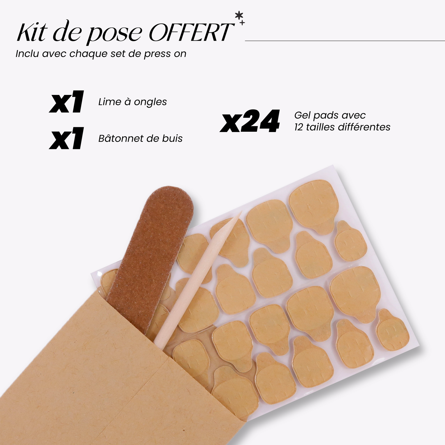 Kit de pose complet incluant lime, gel pads, et colle. Idéal pour appliquer des faux ongles press on avec précision. Une offre pratique pour réussir sa pose d’ongles à la maison.